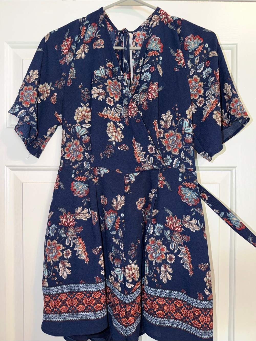 Floral Navy Short-Sleeve Wrap Romper